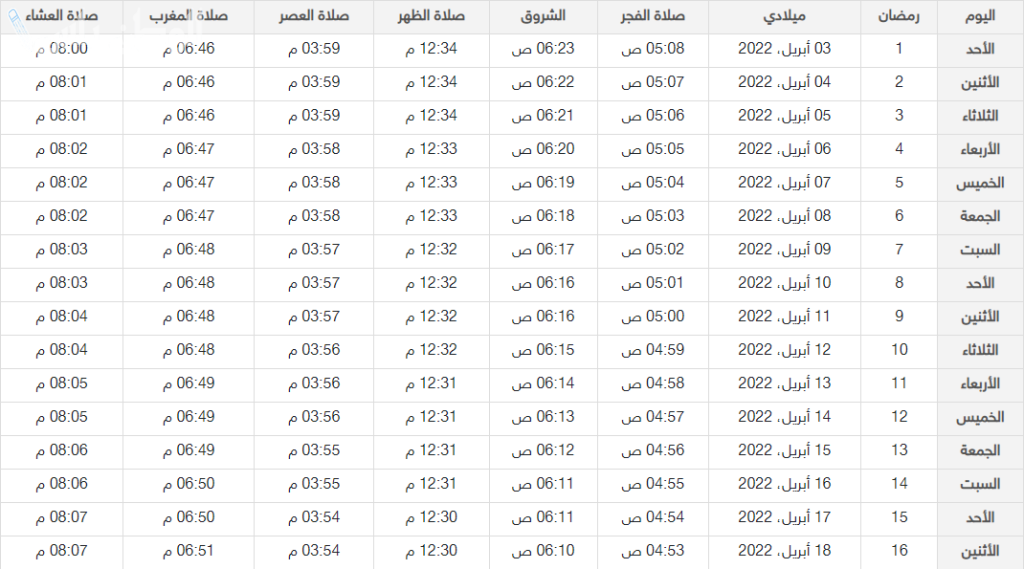 امساكية رمضان في الرياض