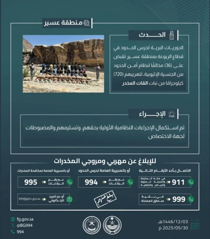 اعتقال (36) مهربًا لتهريب (720) كجم من القات في "الربوعة"