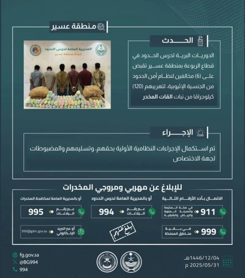 القبض على ستة مخالفين أثناء تهريب 120 كجم من القات في الربوعة