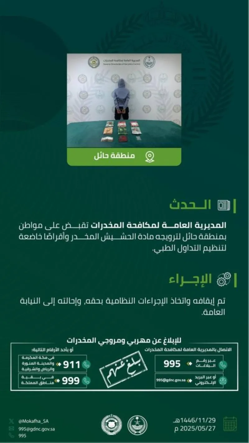 القوة الأمنية بحائل تلقي القبض على مواطن بتهمة ترويج المخدرات