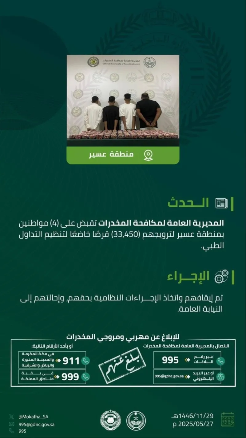 قبضت مكافحة المخدرات على 4 أشخاص بعسير لترويج 33,450 قرصًا محظورًا