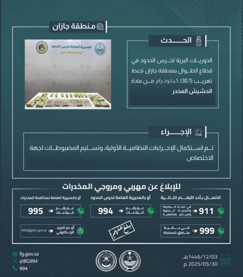 نجاح السلطات في إحباط تهريب 30.1 كجم من الحشيش بالطوال