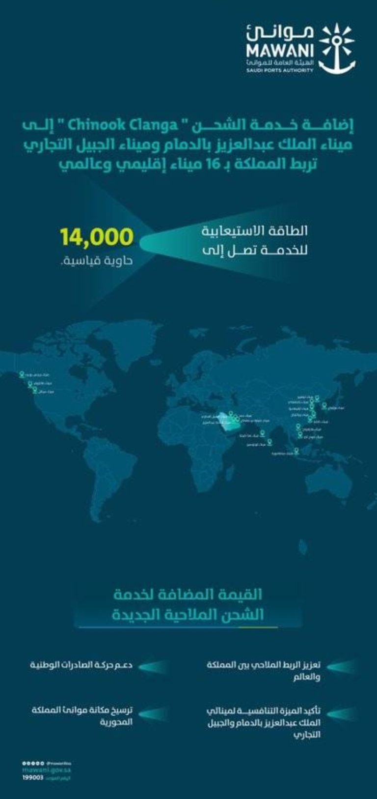 إطلاق خدمة الشحن “chinook clanga” في موانئ الملك عبدالعزيز والجبيل
