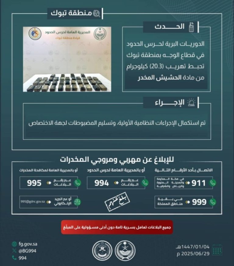 حرس الحدود بتبوك ينجح في إحباط عملية تهريب 20.3 كيلوجرام من الحشيش المخدر