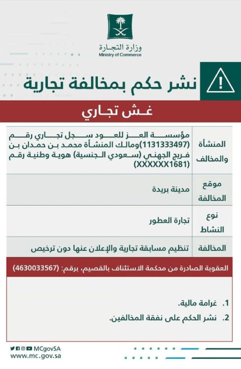 وزارة التجارة تُعاقب مالك منشأة تجارية بسبب تنظيم مسابقة غير مرخصة