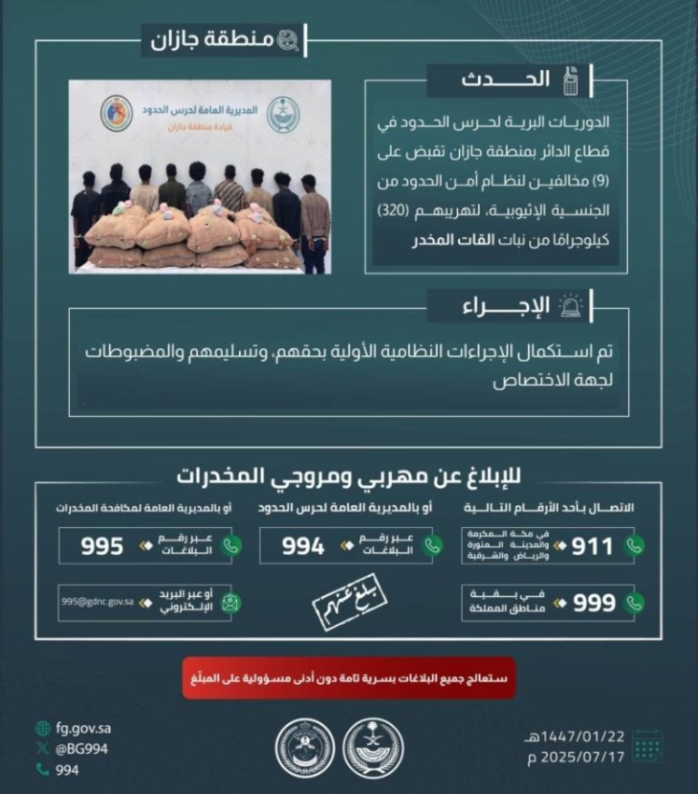arrest حرس الحدود بجازان يحقق في ضبط 320 كيلوجرامًا من القات المخدر مع 9 مخالفين