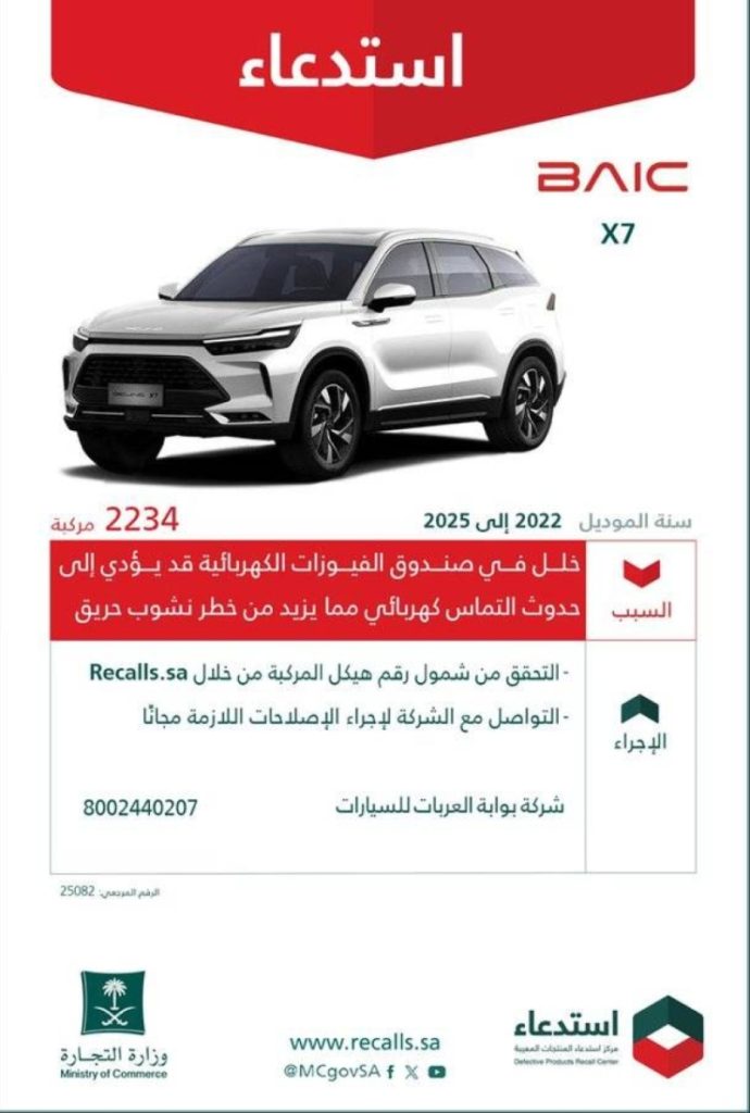 استدعاء 2234 سيارة BAIC بسبب خلل يهدد سلامة السائقين من خطر الحريق