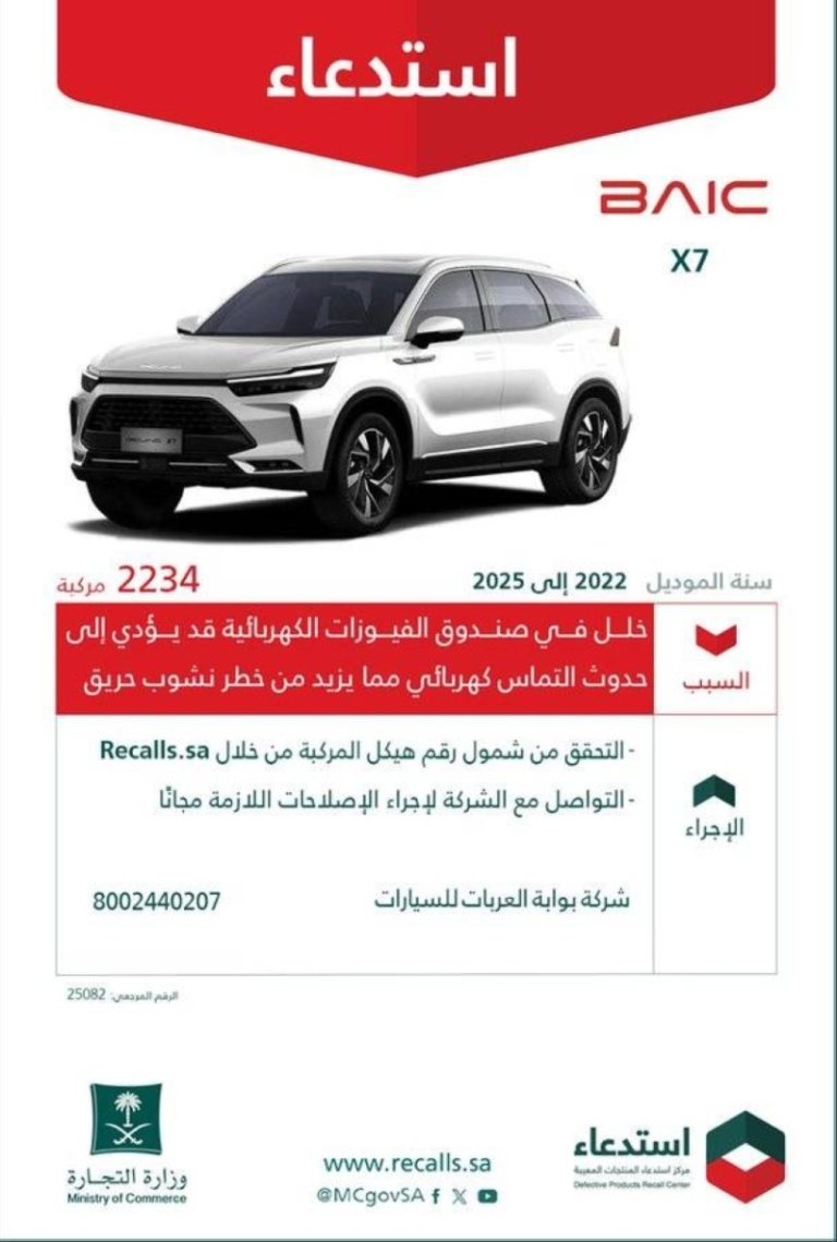 استدعاء 2234 سيارة BAIC بسبب خلل يهدد سلامة السائقين من خطر الحريق