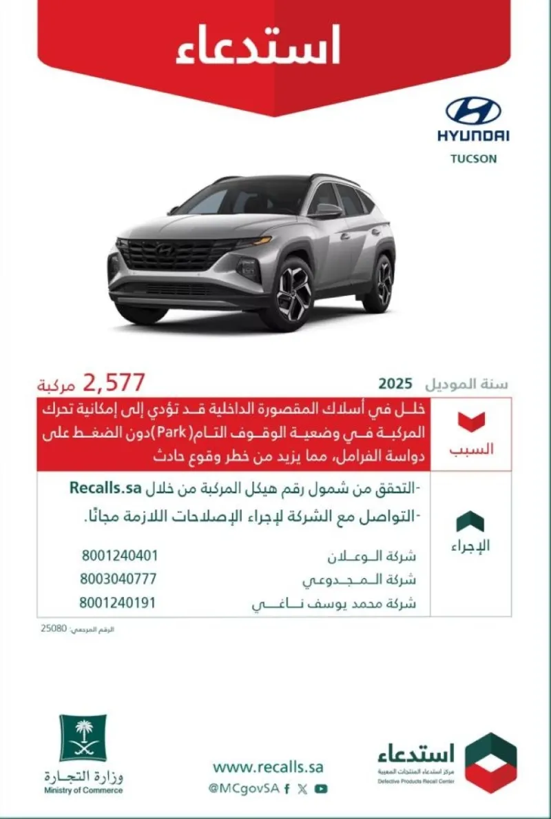 استدعاء ألفين وخمسمائة وسبع وسبعين مركبة هيونداي توسان لأسباب تتعلق بالسلامة