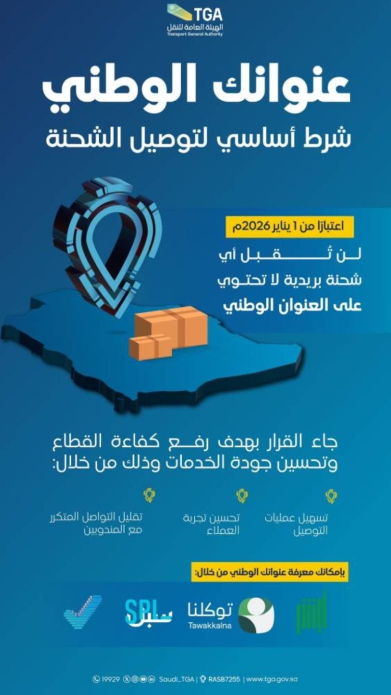 العنوان الوطني يسهل توصيل الشحنات البريدية
توصيل الشحنات البريدية يتطلب العنوان الوطني
تفاصيل العنوان الوطني لأهمية الشحنات البريدية
العنوان الوطني ضرورة لتسهيل شحن البريد
ستكون الشحنات البريدية أسرع مع العنوان الوطني