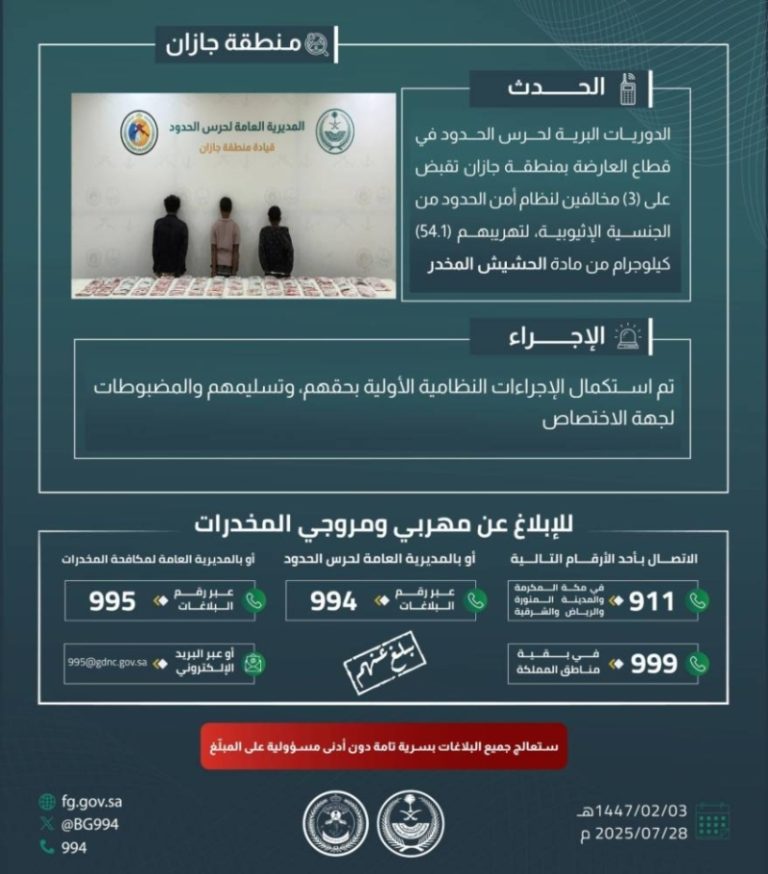 القبض على ثلاثة مهربين في جازان بحوزتهم 54.1 كيلوجرام من الحشيش المخدر