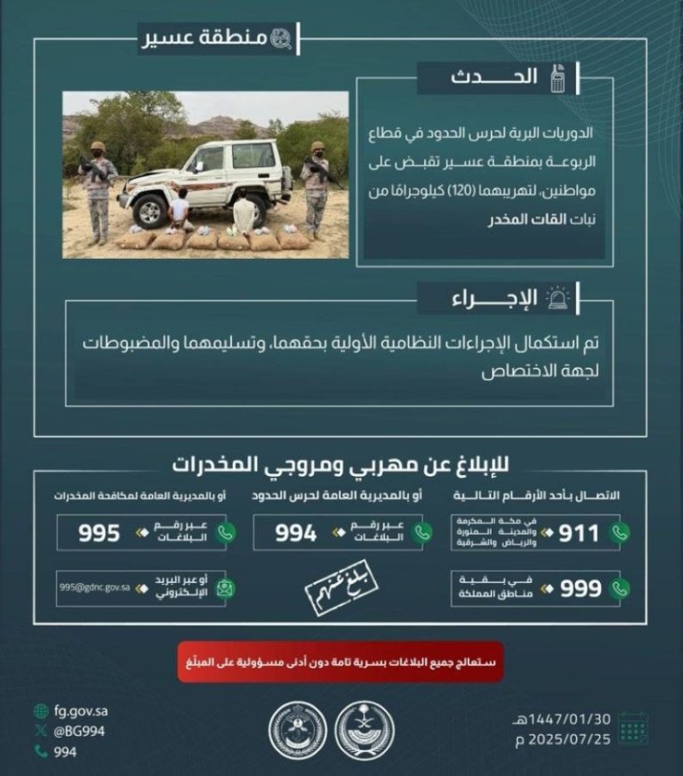 القبض على مهربين بعسير بحوزتهما 120 كيلوجرامًا من القات المخدر