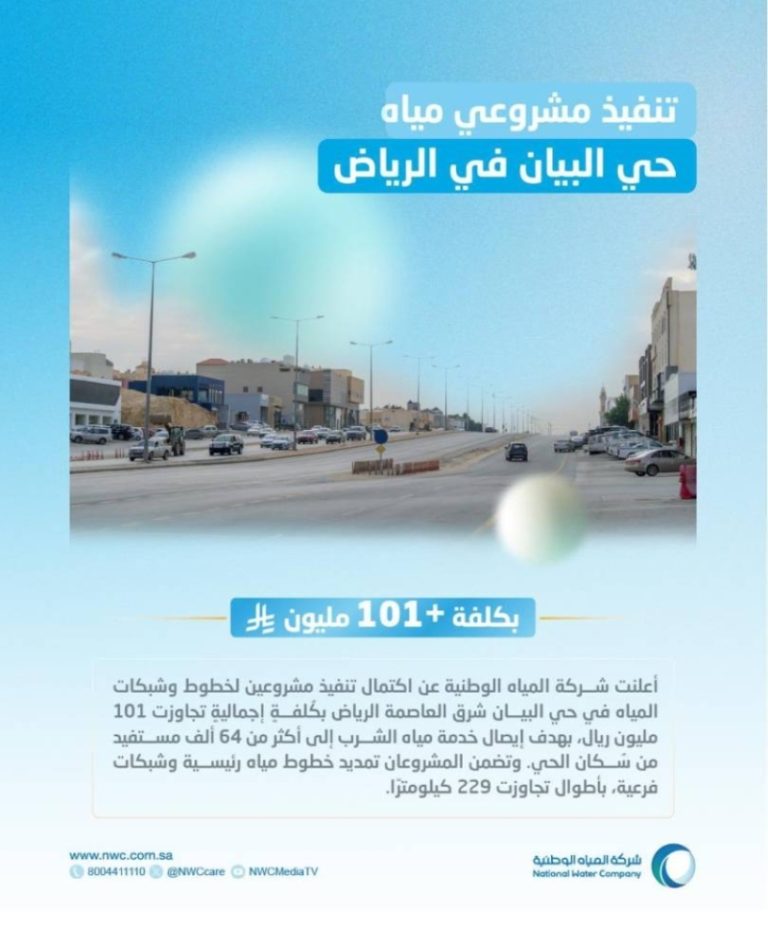 “المياه الوطنية” تنجز مشروع خطوط وشبكات مياه بحي البيان في الرياض بتكلفة تتجاوز 101 مليون ريال