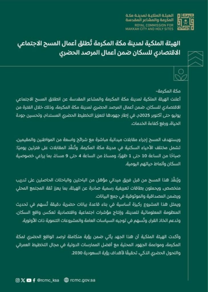 الهيئة الملكية لمكة المكرمة تشرع في المسح الاجتماعي الاقتصادي للسكان
إطلاق المسح الاجتماعي الاقتصادي للسكان من قبل الهيئة الملكية لمكة المكرمة
بدء أعمال المسح الاجتماعي الاقتصادي للسكان في مكة المكرمة
الهيئة الملكية لمكة المكرمة تبدأ بمسح اجتماعي اقتصادي جديد للسكان
مكة المكرمة: الهيئة الملكية تطلق دراسة المسح الاجتماعي الاقتصادي للسكان