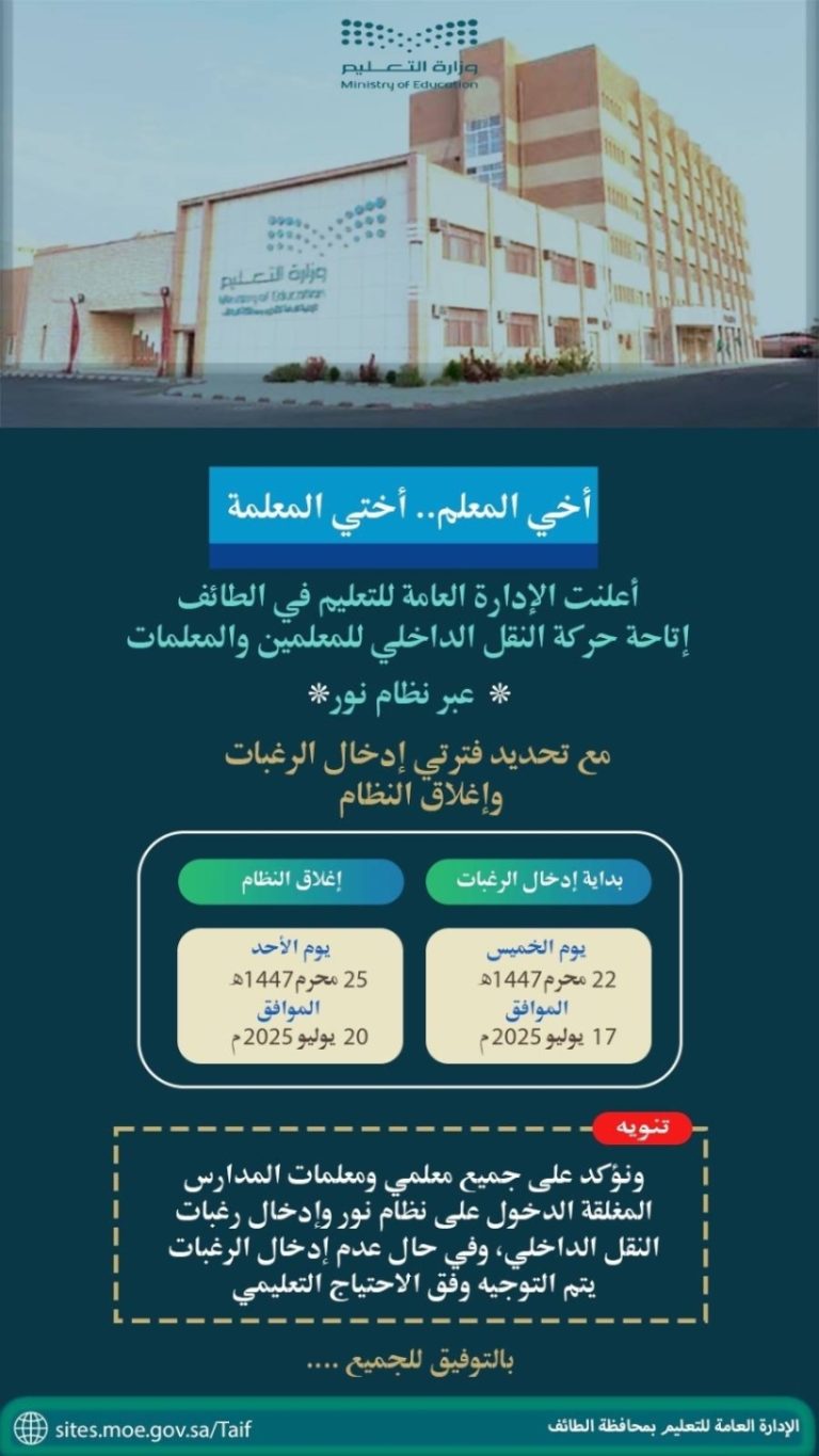 تعليم الطائف يحدد 4 أيام لحركة النقل الداخلي للمعلمين والمعلمات