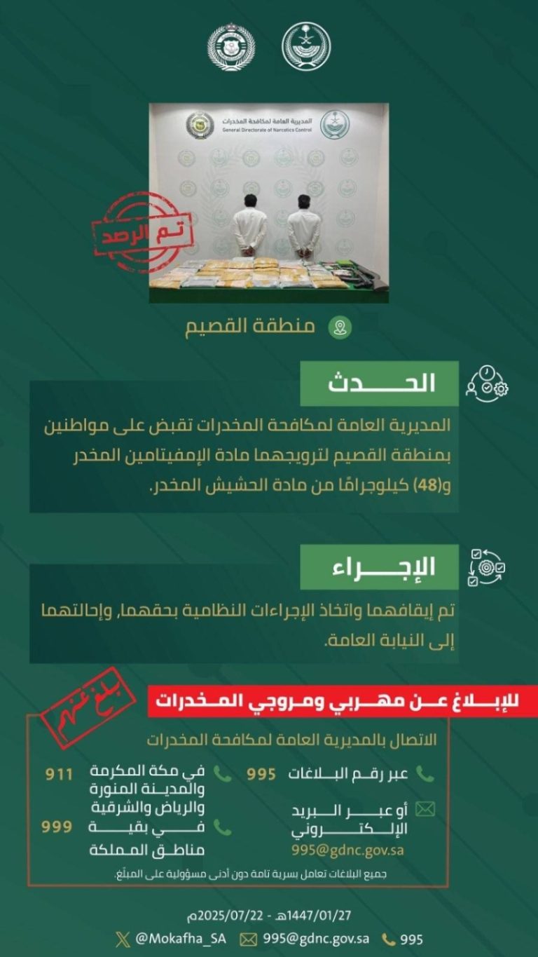تمكنت الجهات الأمنية بالقصيم من القبض على شخصين بتهمة ترويج الحشيش والإمفيتامين