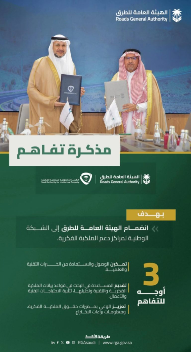 توقيع مذكرة تفاهم بين الهيئة العامة للطرق والهيئة السعودية للملكية الفكرية