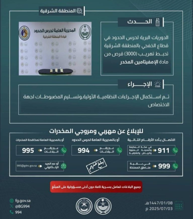 حرس الحدود بالشرقية ينجح في إحباط تهريب 3000 قرص إمفيتامين