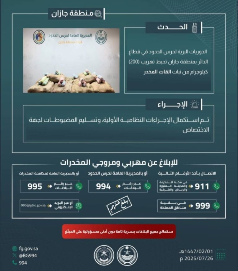 حرس الحدود بجازان ينجح في إحباط تهريب 200 كيلوجرام من القات المخدر
