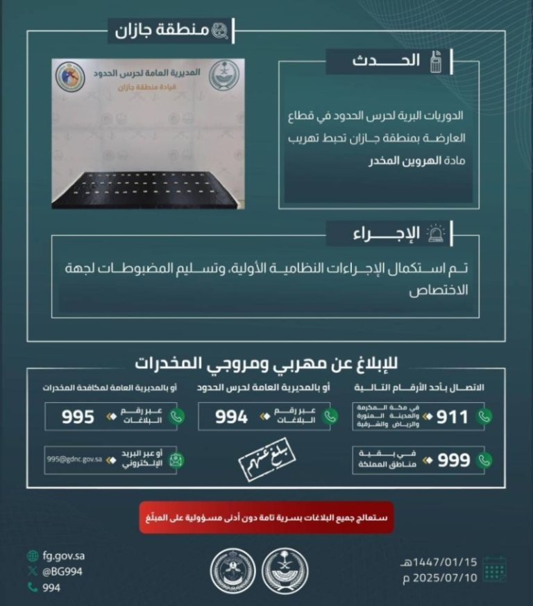 حرس الحدود بجازان ينجح في إحباط تهريب هيروين مخدر