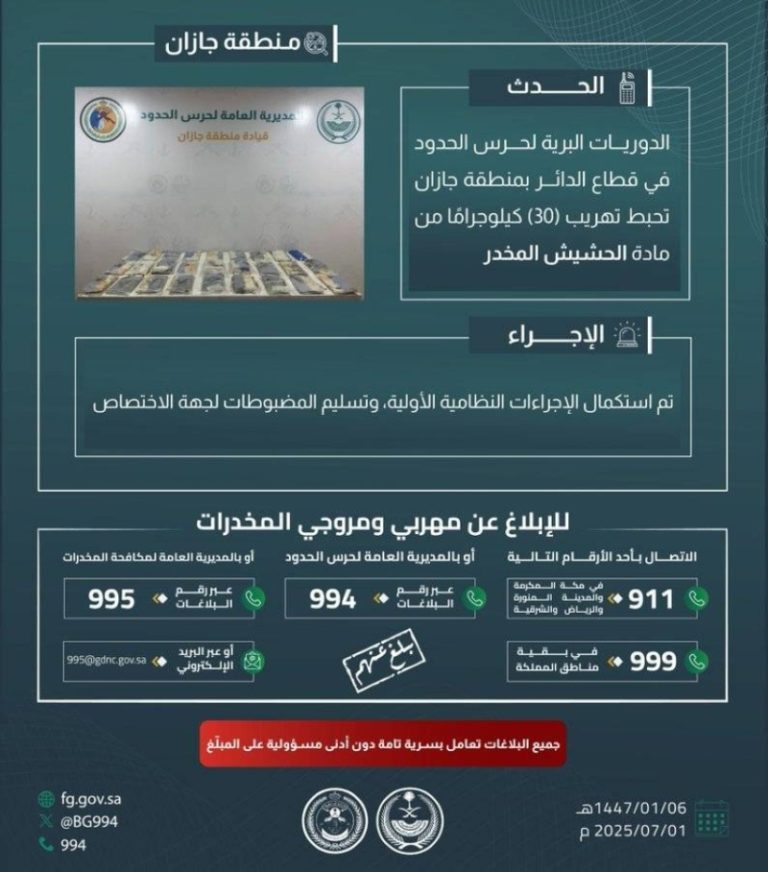 حرس الحدود بجازان ينجح في إحباط محاولة تهريب 30 كيلوجرامًا من الحشيش المخدر