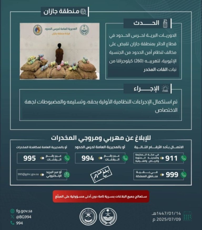 حرس الحدود بجازان ينجح في القبض على مهرب يحاول تهريب 260 كيلوجرامًا من القات المخدر