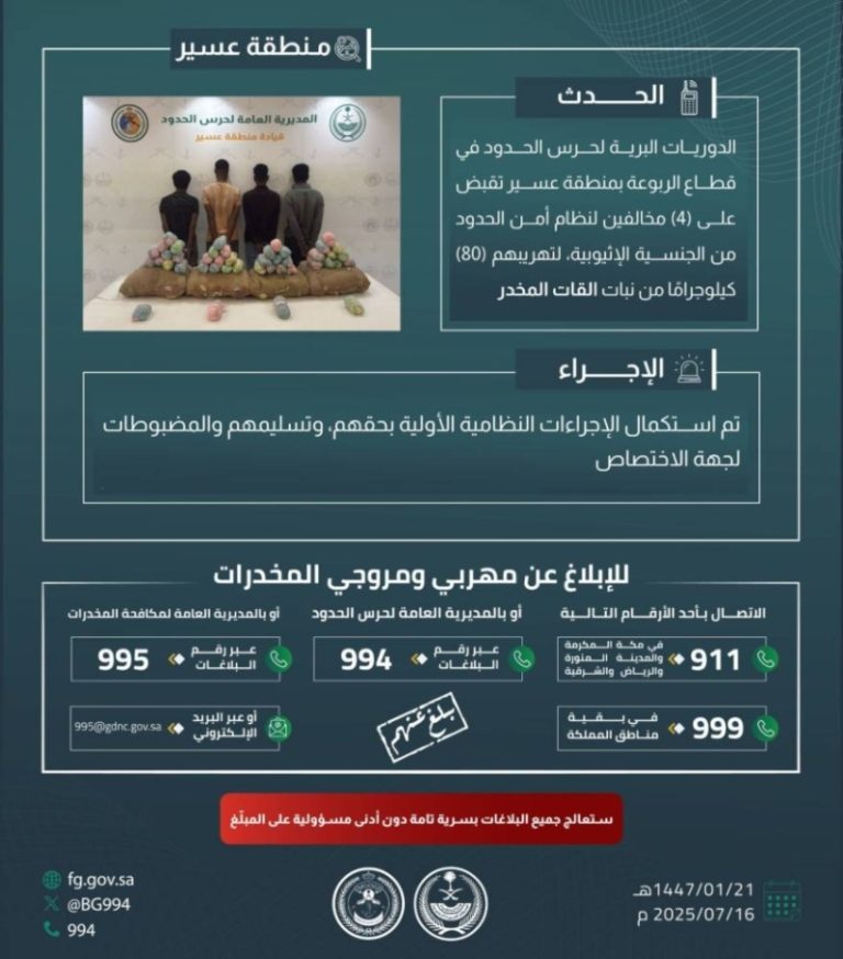 حرس الحدود بعسير يعتقل 4 مخالفين لتورطهم في تهريب 80 كيلوجرامًا من القات المخدر