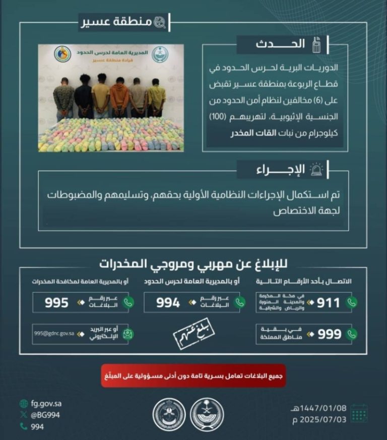 حرس الحدود بعسير ينجح في القبض على (6) مهربين بكمية (100) كيلوجرام من نبات القات