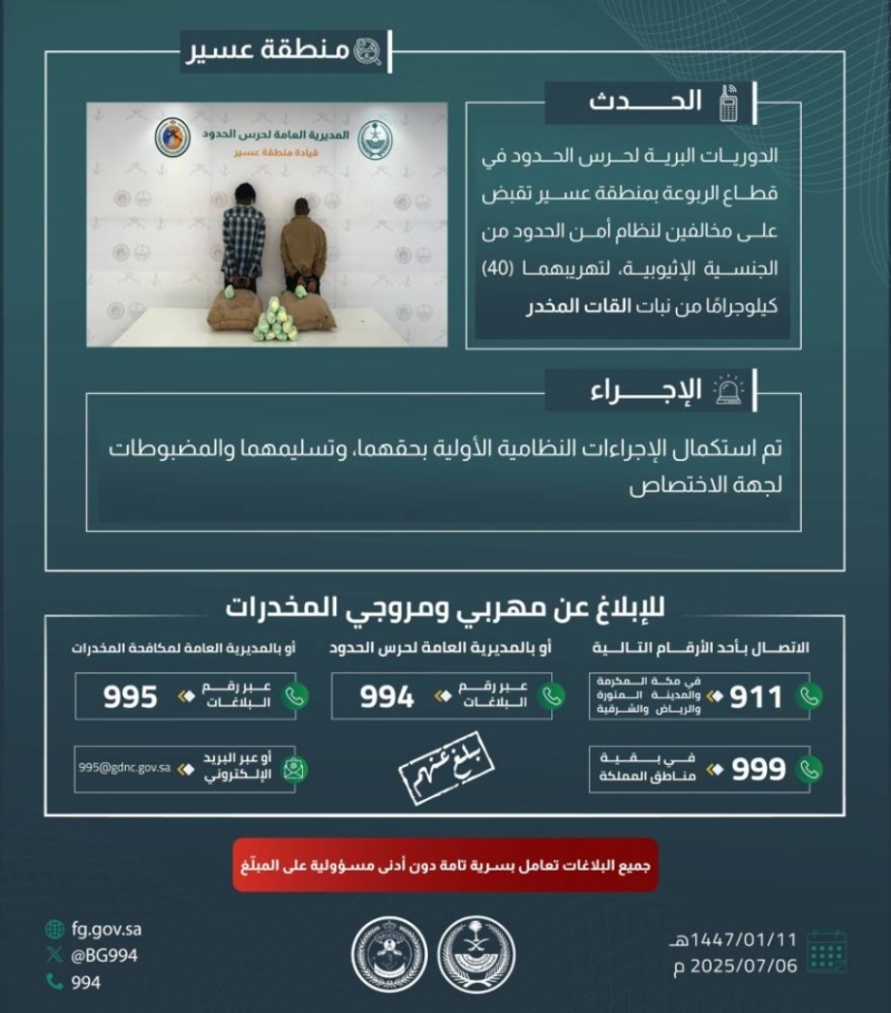 حرس الحدود بعسير ينجح في القبض على مهربين لنظام أمن الحدود بحوزتهما 40 كيلوجرامًا من نبات القات المخدر