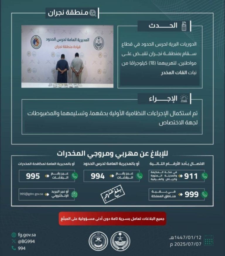 حرس الحدود بنجران يعتقل شخصين بحوزتهما 18 كيلوجرامًا من القات
