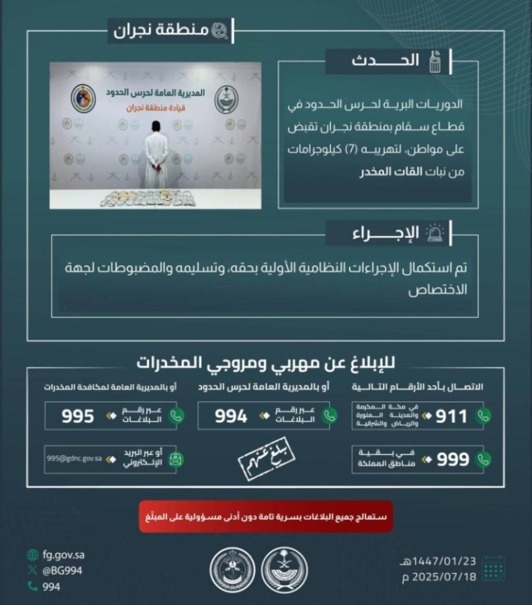 حرس الحدود بنجران يوقف تهريب 7 كيلوجرامات من القات المخدر