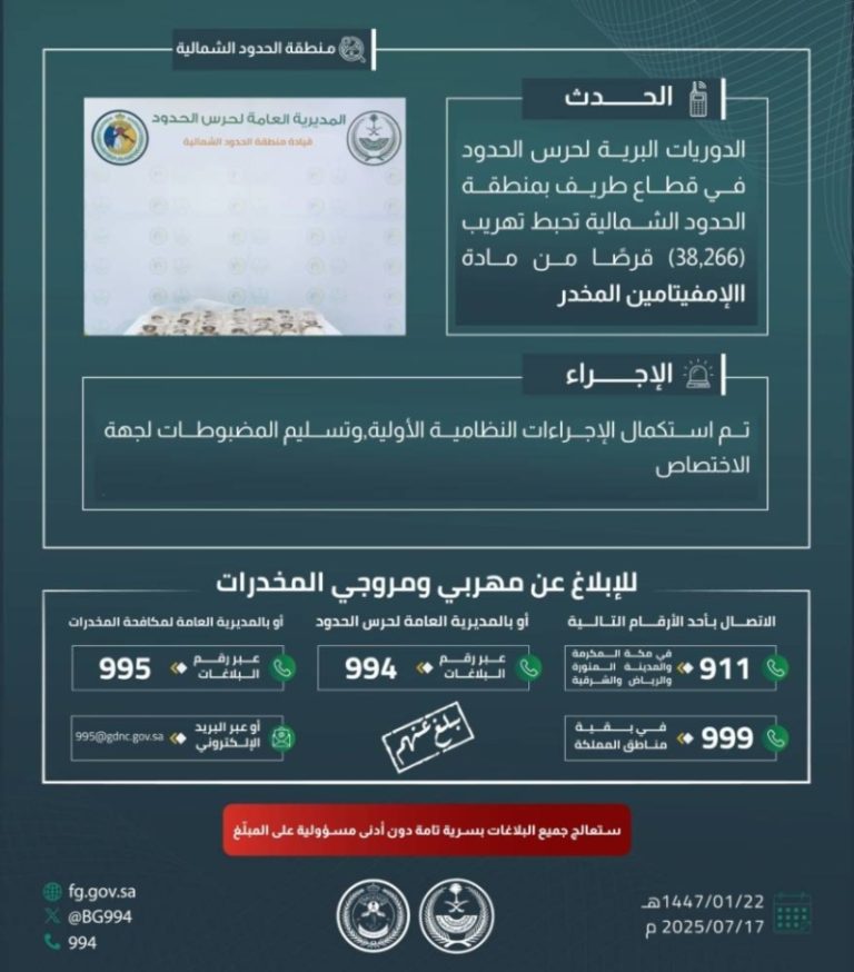 حرس الحدود يتصدى لتهريب 38,266 قرص إمفيتامين بالحدود الشمالية