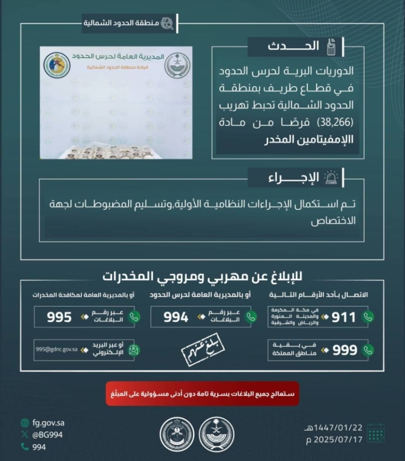 حرس الحدود يتصدى لتهريب 38,266 قرص إمفيتامين بالحدود الشمالية