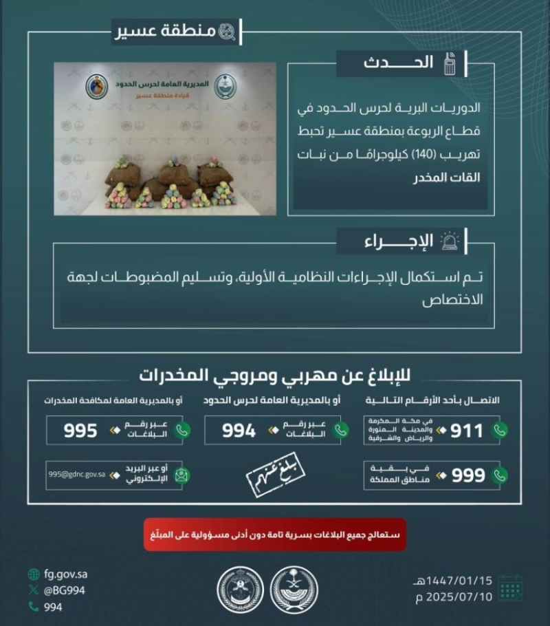 حرس الحدود ينجح في إحباط تهريب 140 كيلوجرامًا من القات بعسير