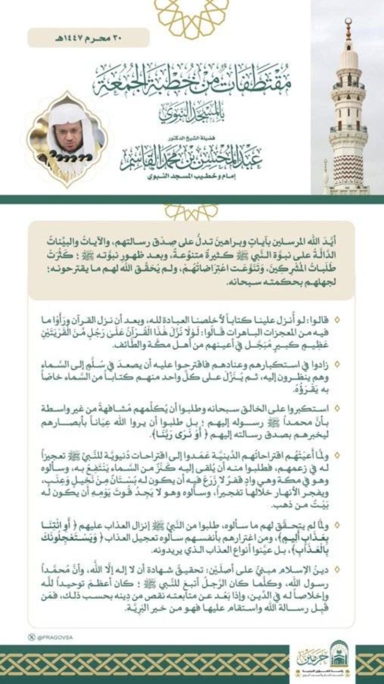 خطبة الجمعة من منبر المسجد النبوي