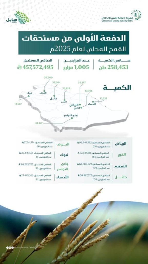 صرف 457 مليون ريال لمزارعي القمح المحلي كدفعة أولى للأمن الغذائي