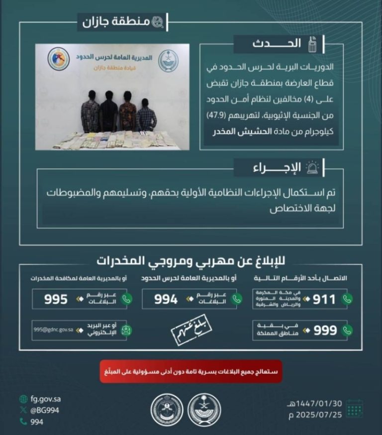 ضبط 4 مهربين بجازان بحوزتهم 47.9 كيلوجرام من الحشيش المخدر