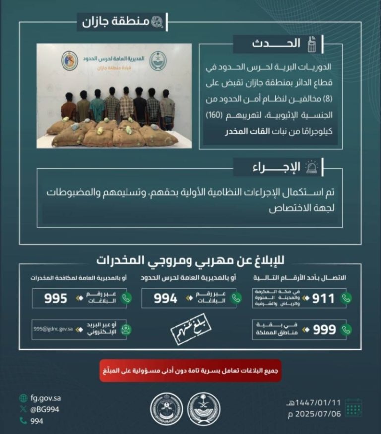 ضبط حرس الحدود بجازان 8 مخالفين لنظام الأمن لتهريب 160 كيلوجرامًا من نبات القات المخدر