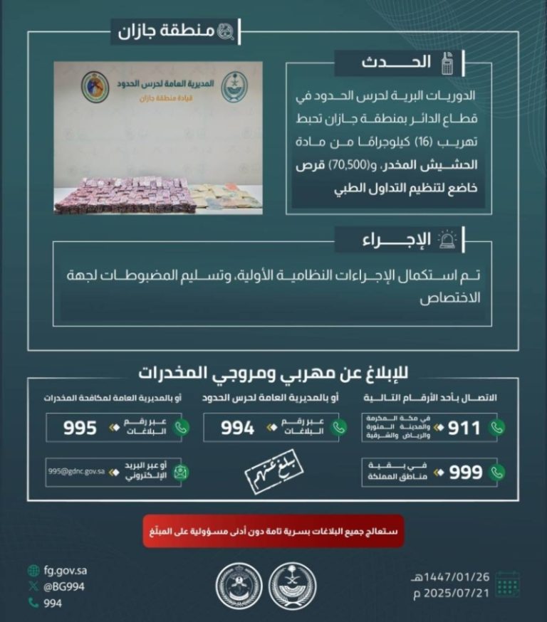 ضبط محاولة تهريب الحشيش و70,500 قرص طبي بجازان