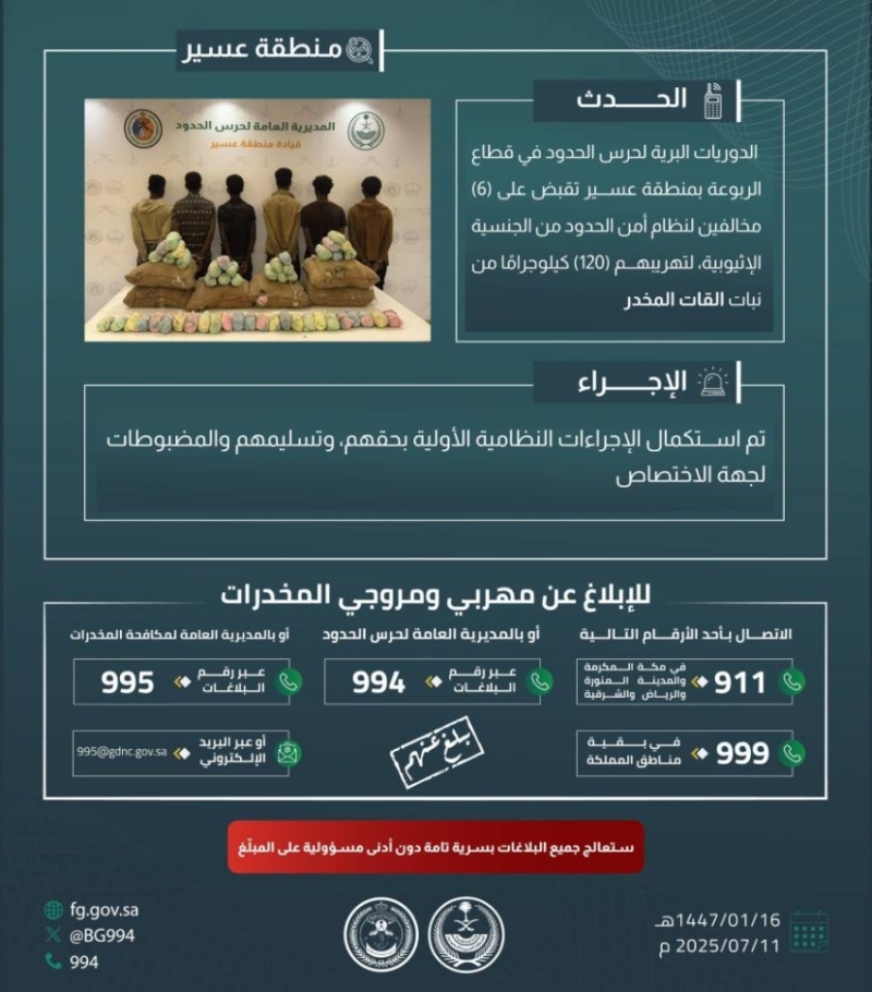 قبض حرس الحدود بعسير على ستة مخالفين لتهريب 120 كيلوجرامًا من القات المخدر