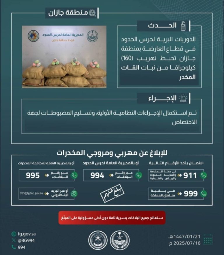 قوات حرس الحدود بجازان تكشف تهريب 160 كيلوجرامًا من القات المخدر