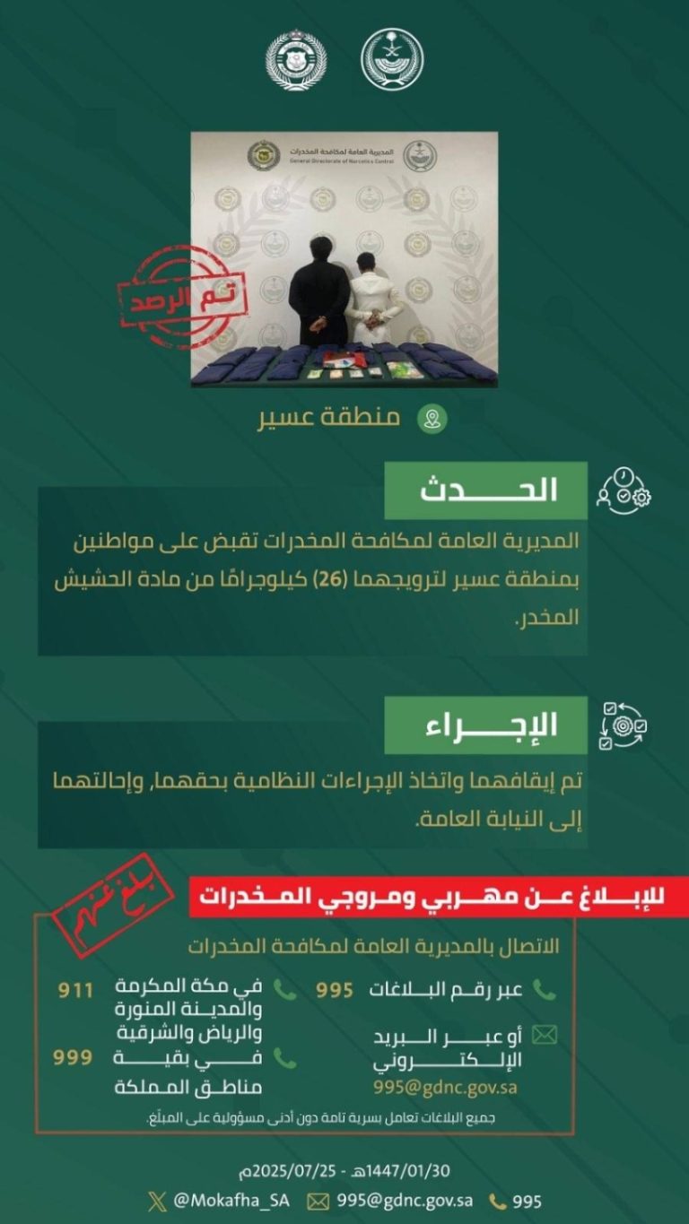 نجاح أمني: القبض على شخصين في عسير بتهمة ترويج 26 كيلوجرامًا من الحشيش المخدر
