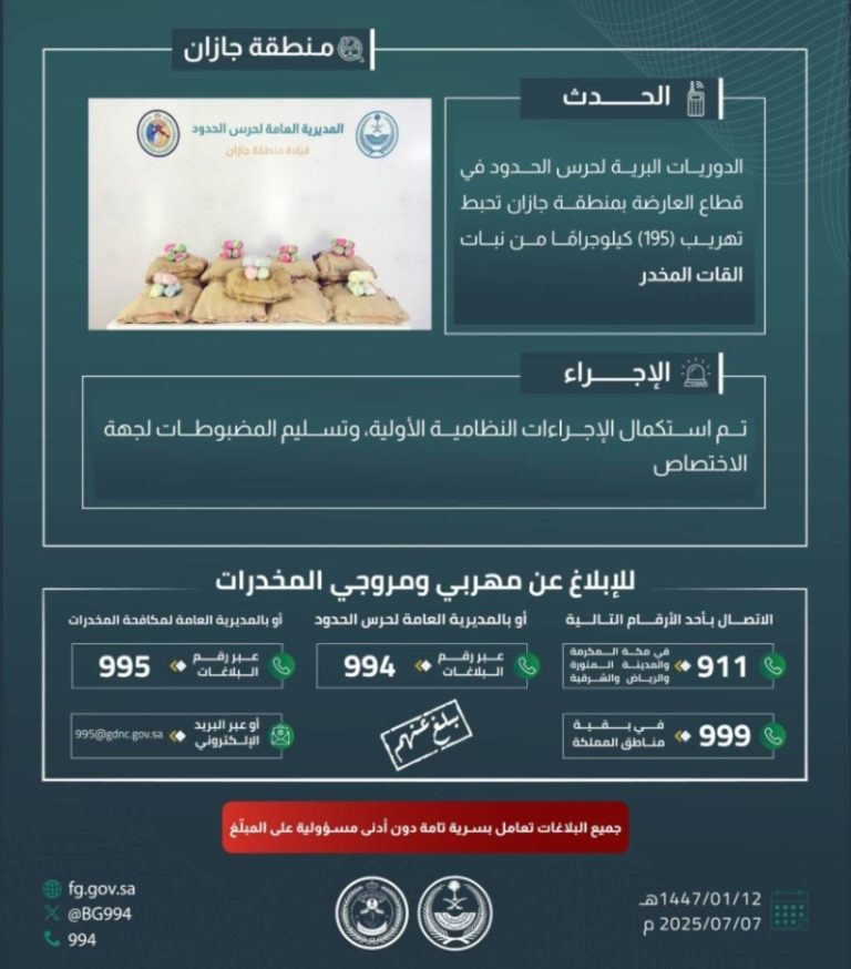 نجاح الجهات الأمنية في إحباط تهريب 195 كيلوجرامًا من القات المخدر بجازان