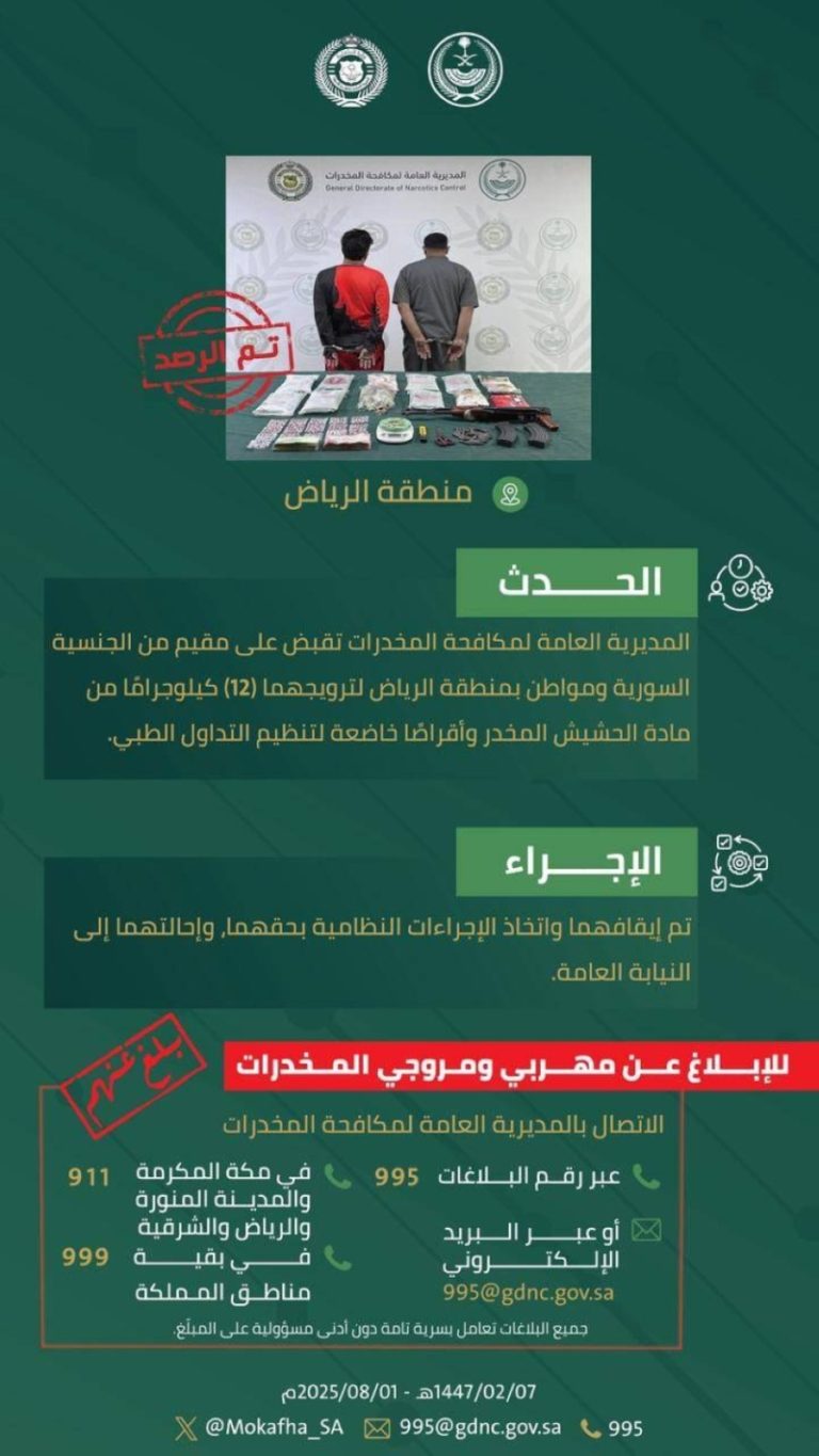 إلقاء القبض على شخصين لترويج المخدرات في الرياض