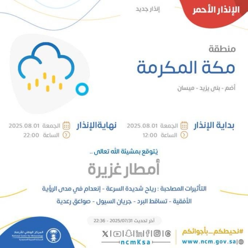 الأرصاد تُحذر: أمطار غزيرة تضرب الليث وأضم وميسان