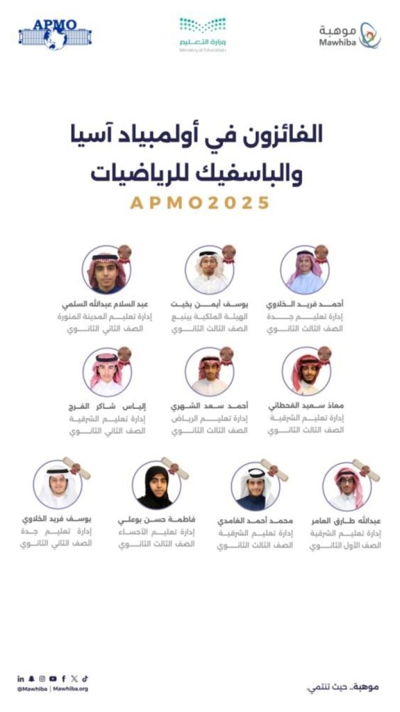 نجاح المملكة في أولمبياد آسيا والباسفيك للرياضيات 2025 يعنون بحصد (10) جوائز دولية
المملكة تحقق إنجازاً مبهراً في أولمبياد آسيا والباسفيك للرياضيات 2025 بجوائز تصل إلى (10)
أولمبياد آسيا والباسفيك للرياضيات 2025: المملكة تظفر بـ(10) جوائز دولية
المملكة تبرز في أولمبياد آسيا والباسفيك للرياضيات 2025 بحصولها على (10) جوائز دولية
تميُّز المملكة في أولمبياد آسيا والباسفيك للرياضيات 2025 بحصد (10) جوائز دولية